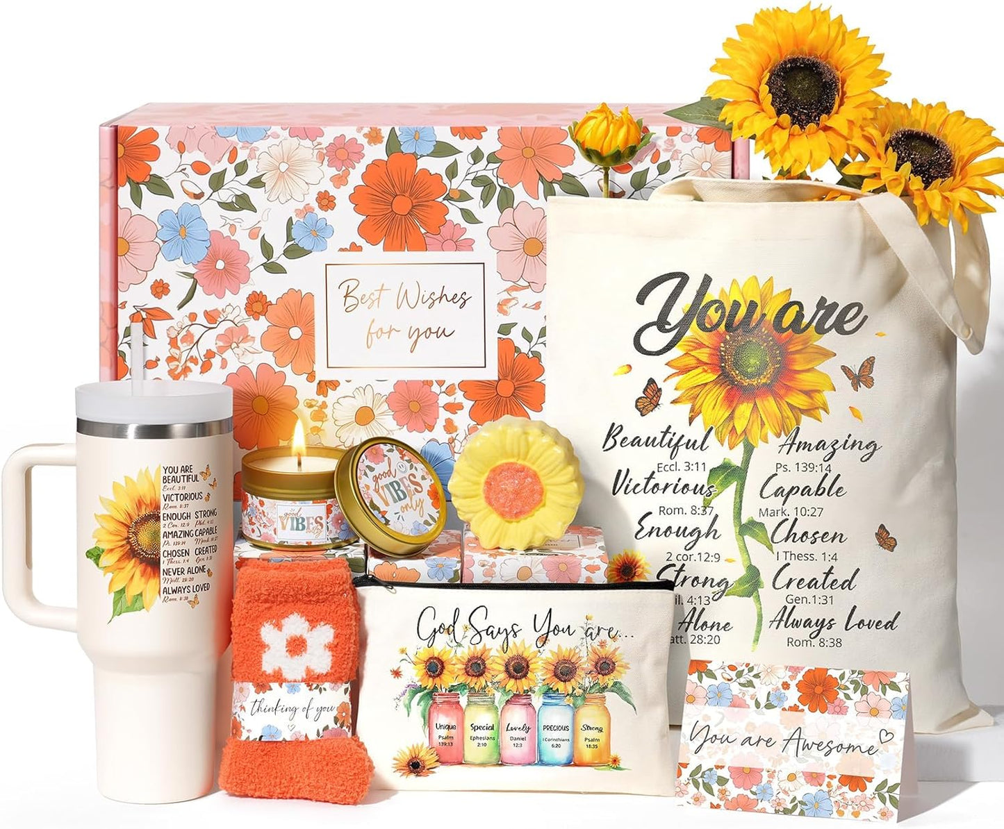 Christian Gifts for Women Faith, Religious Catholic Mothers Day Gifts for Women Mom Grandma Sister Coworker Inspirational Spiritual Sunflower Gift Birthday Gift for Women with Makeup Bag 40 OZ Tumbler