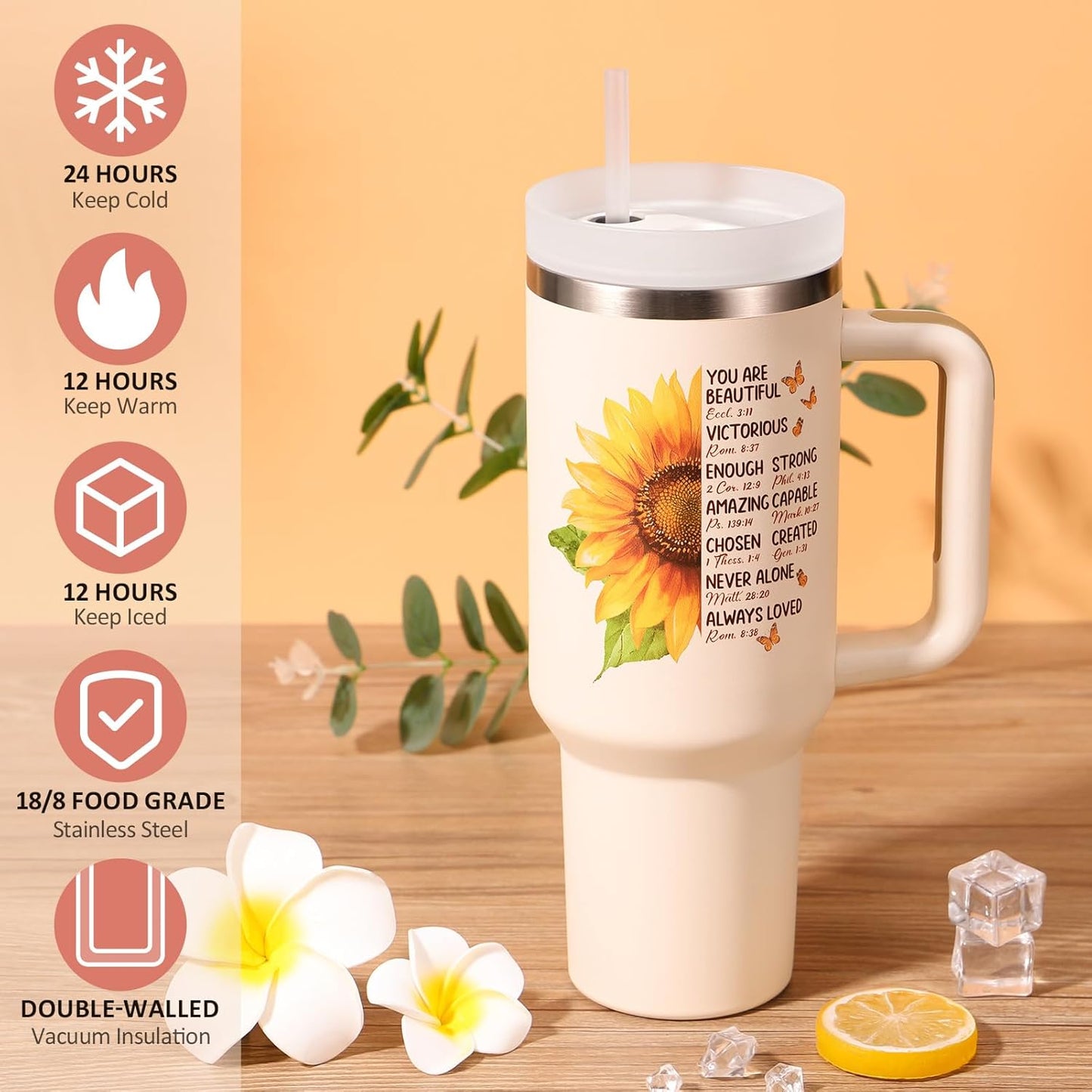 Christian Gifts for Women Faith, Religious Catholic Mothers Day Gifts for Women Mom Grandma Sister Coworker Inspirational Spiritual Sunflower Gift Birthday Gift for Women with Makeup Bag 40 OZ Tumbler