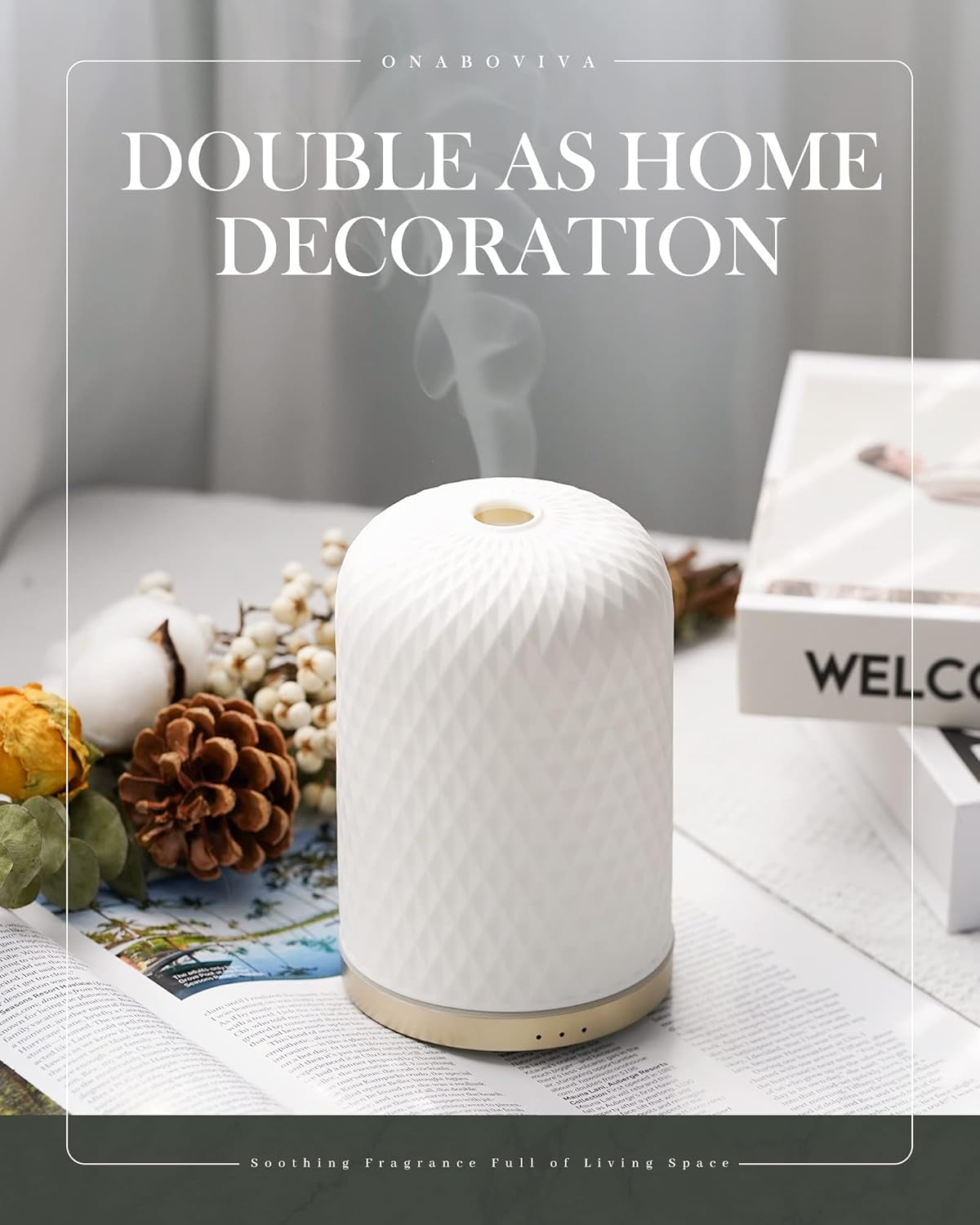 AromaGlow Diffuser / SereniMist Ceramic / ZenAura Stone / Mistique Home Diffuser / CalmiSphere 110 / EchoMist Ceramic / TranquilGlow Diffuser / VibeMist Decor / LumiMist USB / WhiteWave Aroma / CeramiCool Diffuser / PureZen Aroma / FlowMist Essence / BreatheEase 110 / WhisperMist Stone