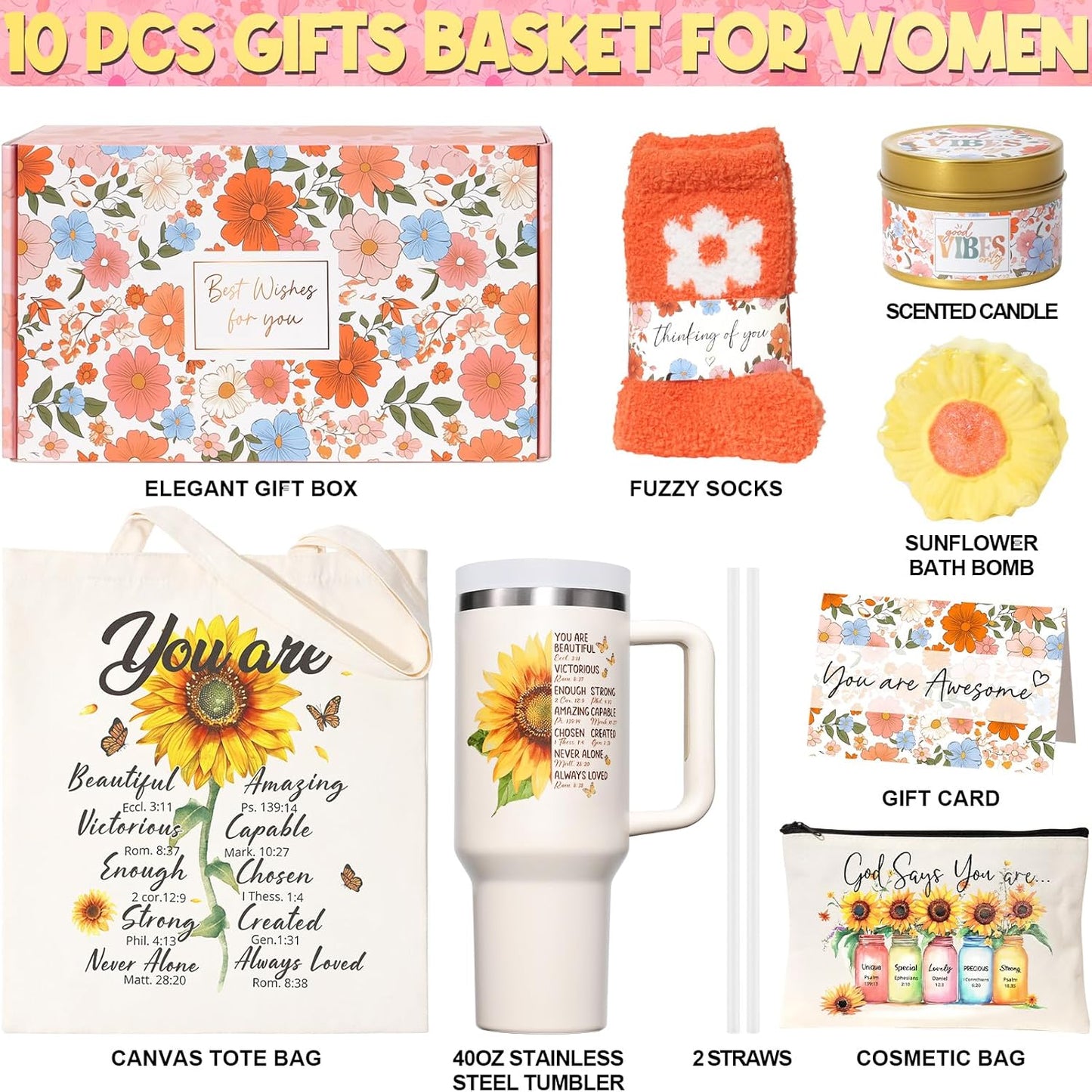 Christian Gifts for Women Faith, Religious Catholic Mothers Day Gifts for Women Mom Grandma Sister Coworker Inspirational Spiritual Sunflower Gift Birthday Gift for Women with Makeup Bag 40 OZ Tumbler