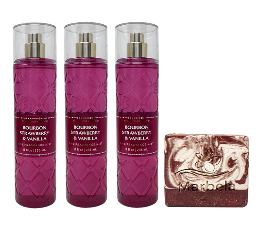 Bourbon Strawberry & Vanilla 3 Pack Fragrance Mist Set with a Cherry on Top Bar Soap - Full Size