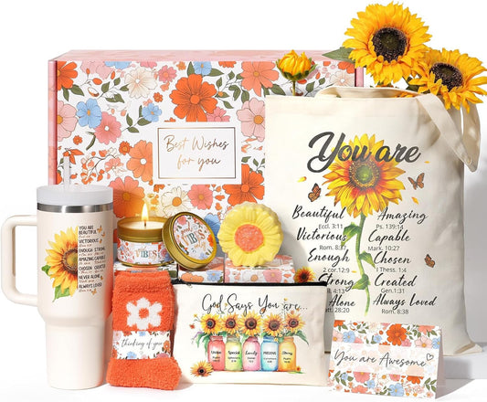 Christian Gifts for Women Faith, Religious Catholic Mothers Day Gifts for Women Mom Grandma Sister Coworker Inspirational Spiritual Sunflower Gift Birthday Gift for Women with Makeup Bag 40 OZ Tumbler